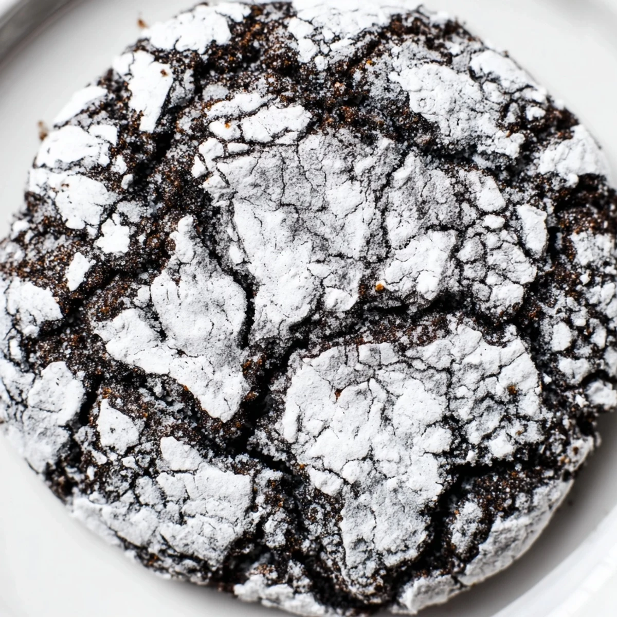 Soft homemade gingerbread crinkle cookies dusted with powdered sugar on a festive white plate