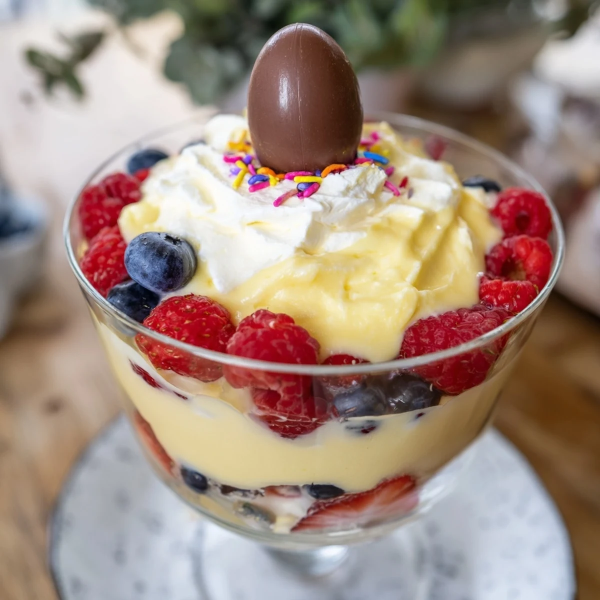 Glass trifle bowl displaying layered Easter trifle dessert with sponge cake, custard, fresh mixed berries, and whipped cream topping