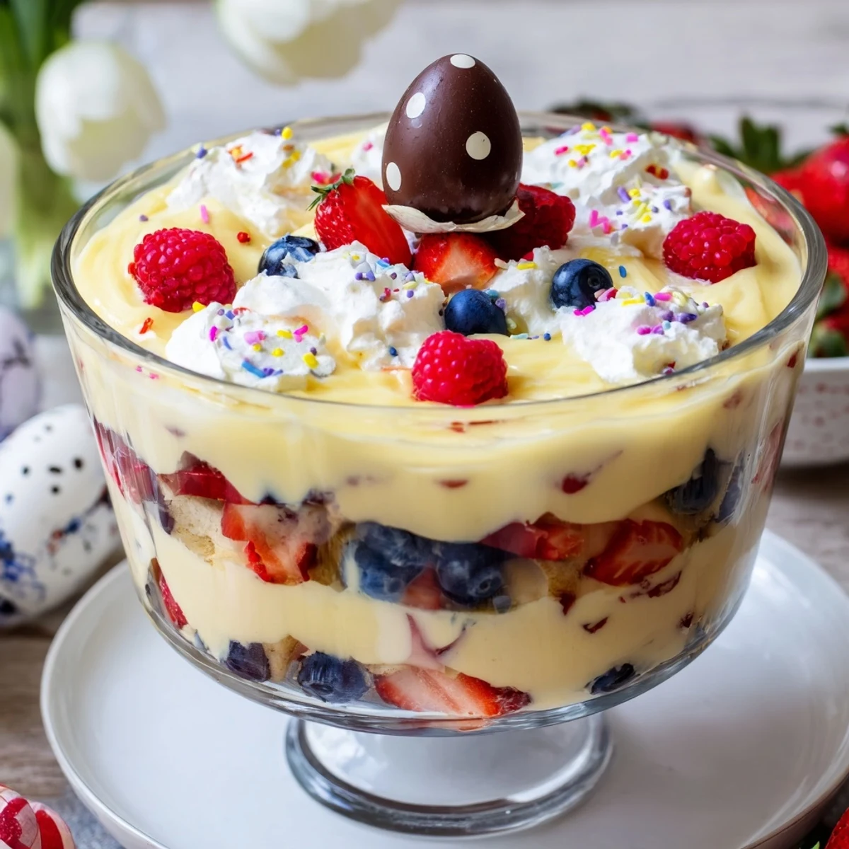 Festive Easter trifle dessert in clear glass showing golden custard, bright red strawberries, fluffy whipped cream layers