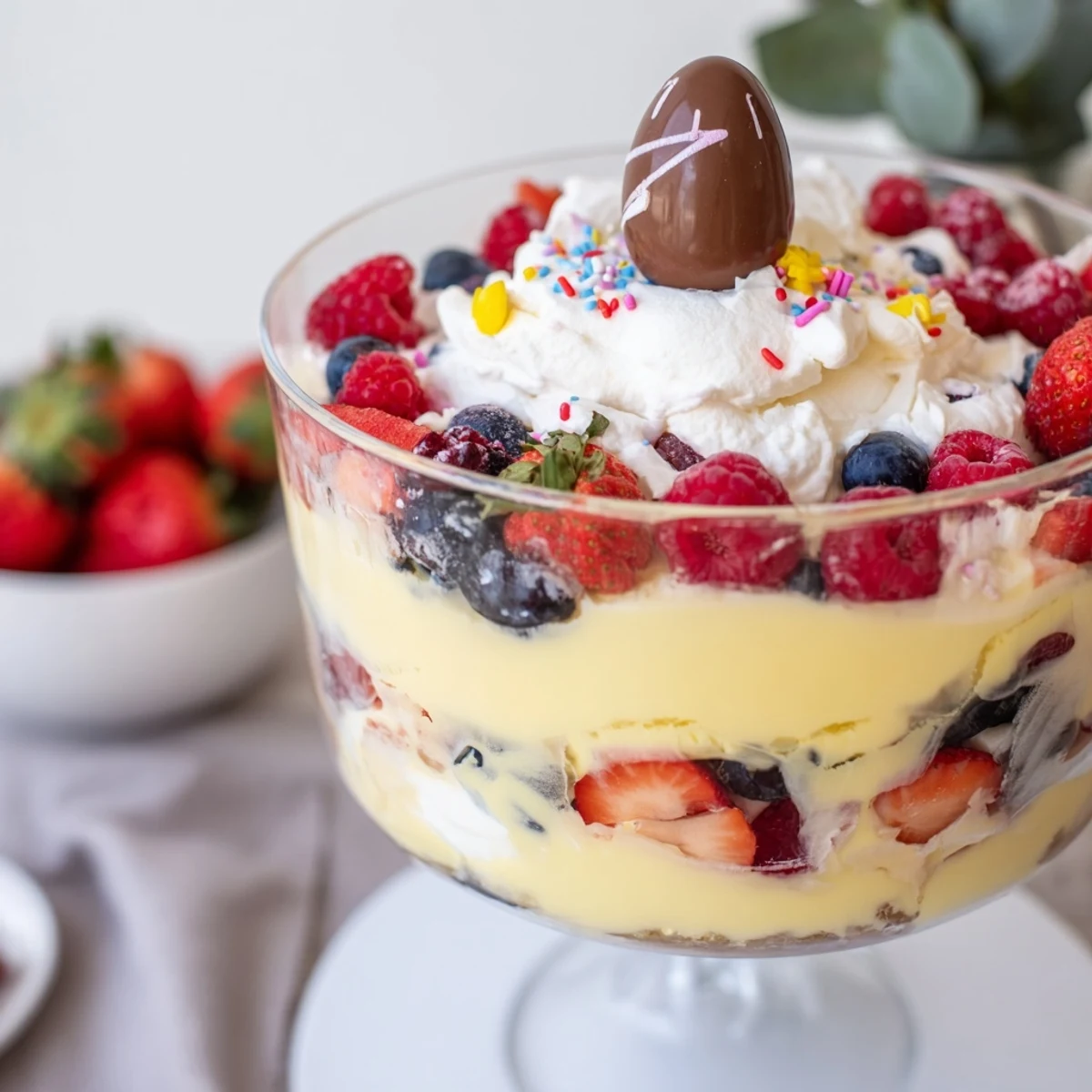 Elegant Easter trifle dessert garnished with chocolate eggs and mint on a white serving table