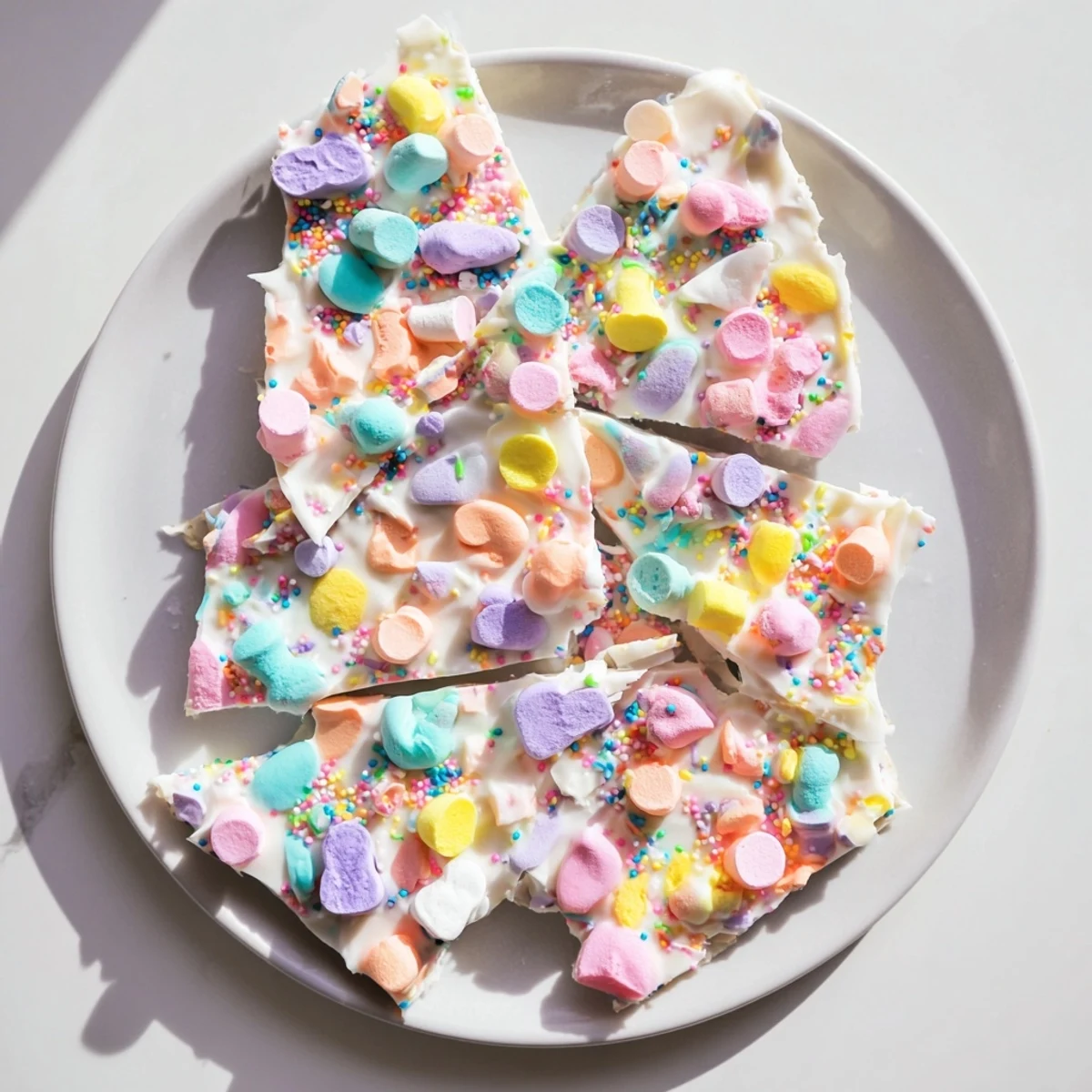 Creamy white chocolate Easter marshmallow bark topped with pastel candy eggs and colorful sprinkles