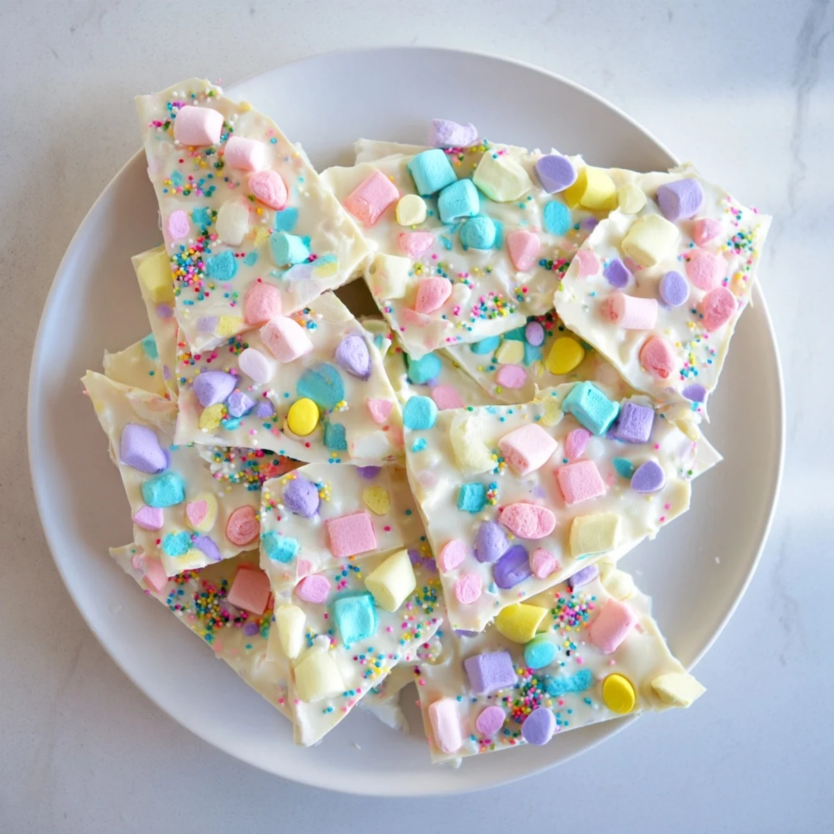 Festive Easter marshmallow bark broken into pieces revealing melted white chocolate and mini marshmallows