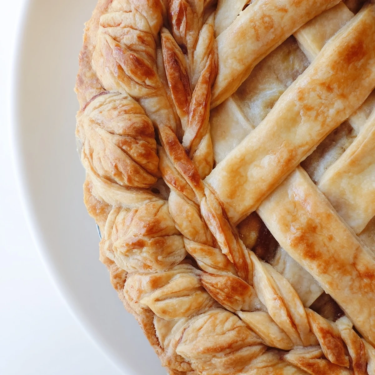 Intricate woven fishtail braid pie crust decorating edge of homemade apple pie