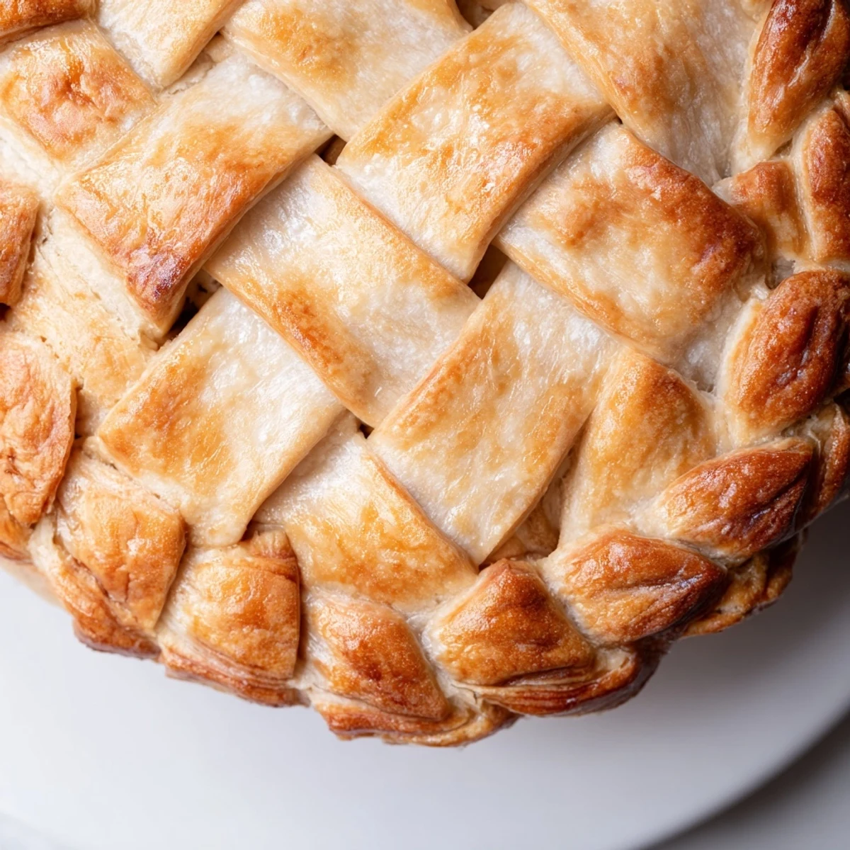 Golden brown fishtail braid pie crust woven around fruit filling with egg wash glaze