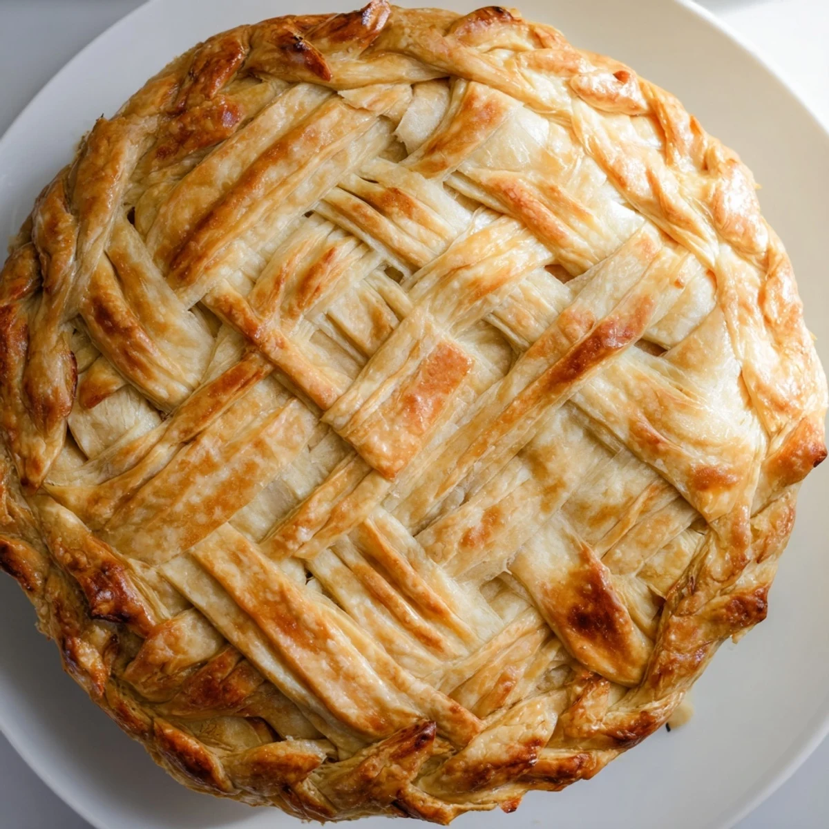 Close-up of decorative fishtail braid pastry border on golden baked pie crust