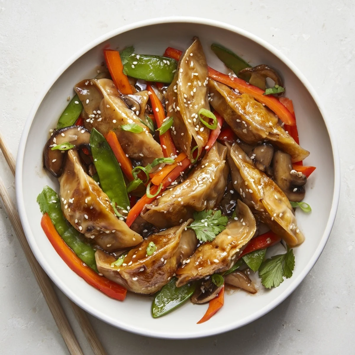 Golden potsticker stir fry with colorful vegetables in savory soy ginger sauce