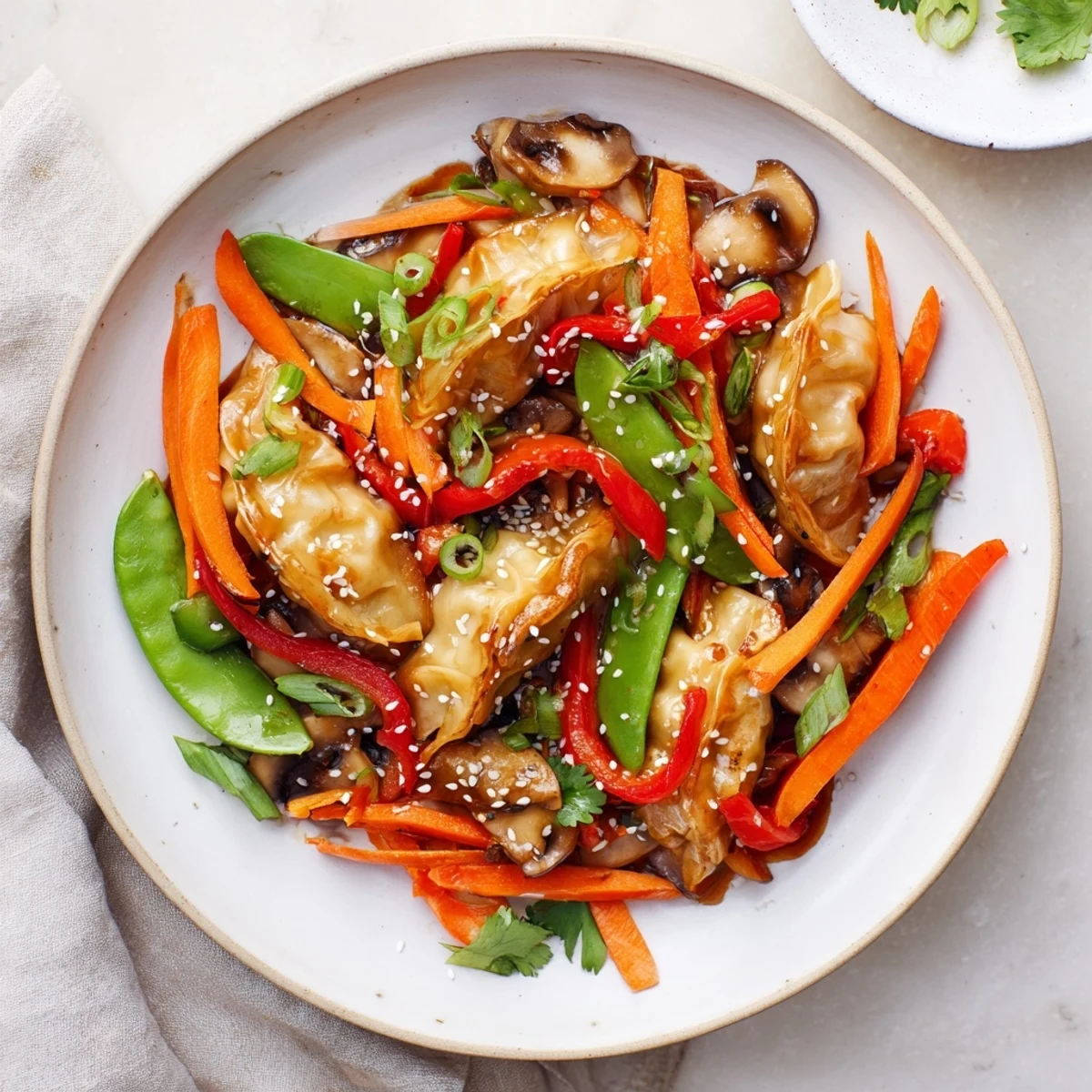 Vibrant potsticker stir fry topped with sesame seeds and fresh cilantro garnish