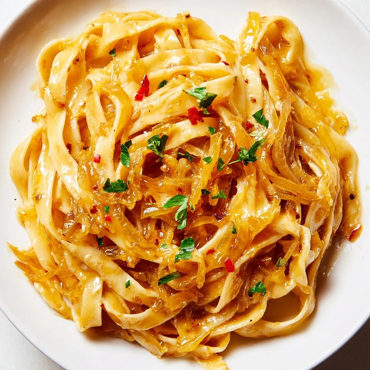 Creamy Sweet Heat Caramelized Onion Fettuccine topped with fresh parsley and Parmesan cheese