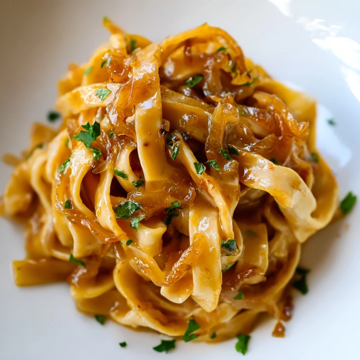Golden caramelized onions coat Sweet Heat Caramelized Onion Fettuccine in a creamy, spicy sauce