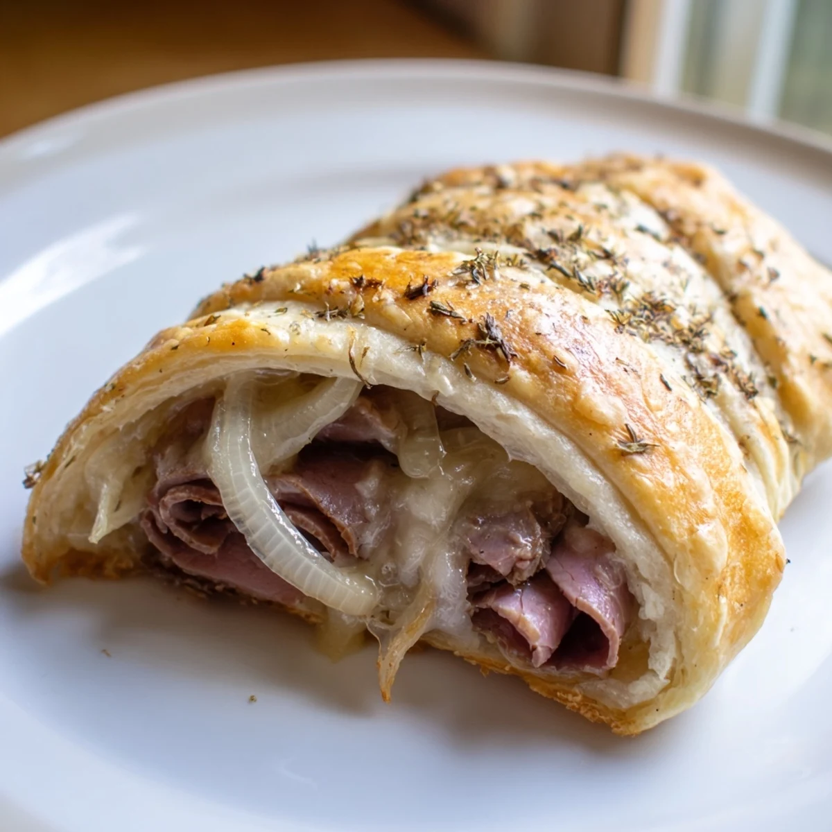 Golden beef and cheese French dip roll ups with melty provolone served alongside rich au jus