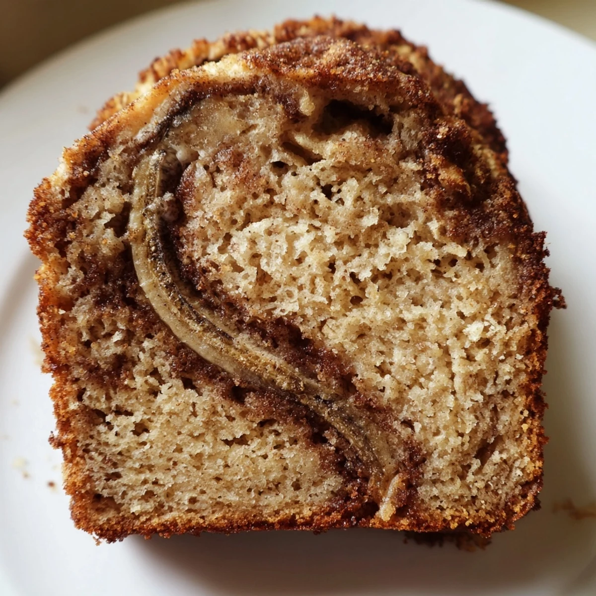 Moist cinnamon sugar swirl banana bread with marbled cinnamon ribbons throughout the tender loaf