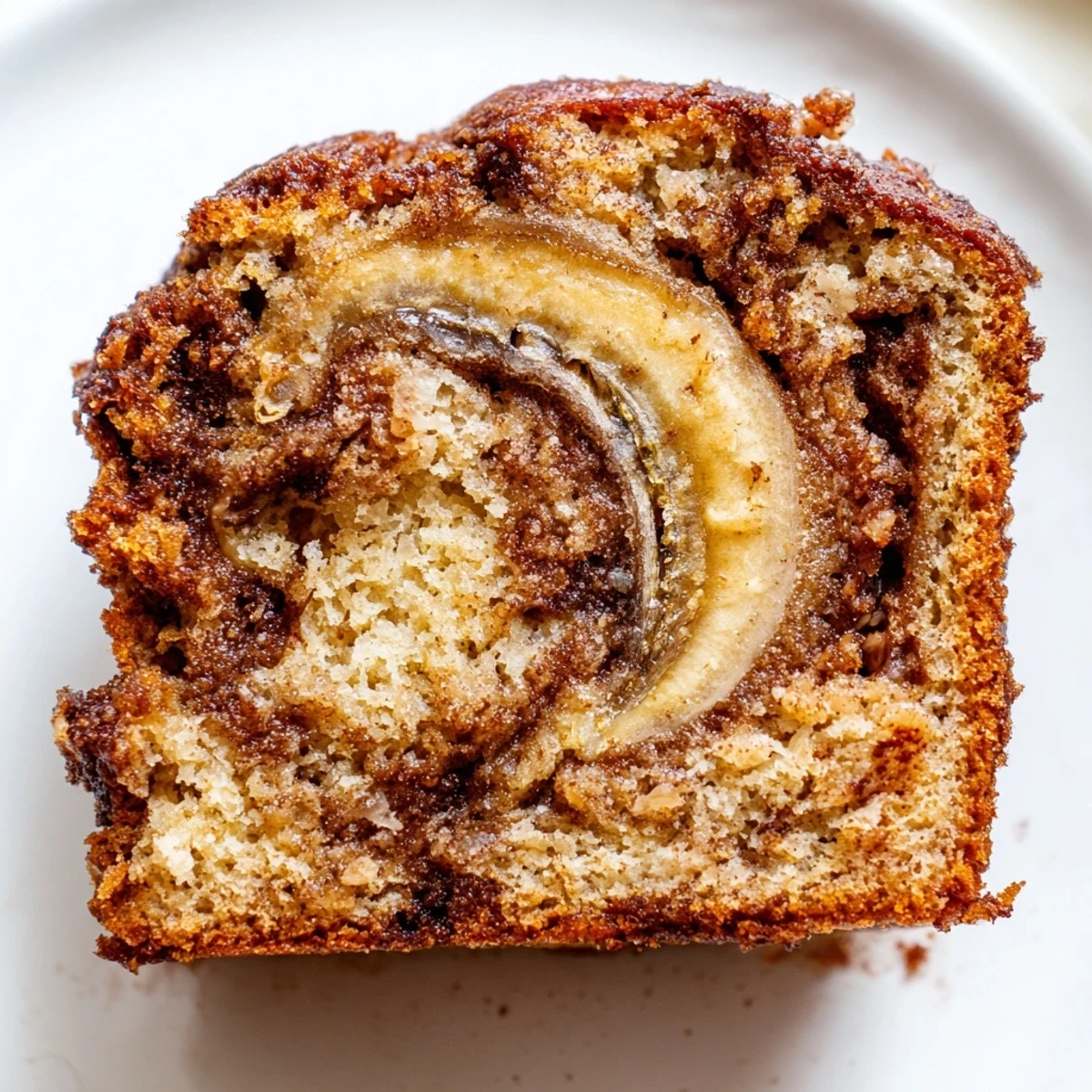 Golden brown cinnamon sugar swirl banana bread sliced thick on a rustic wooden cutting board
