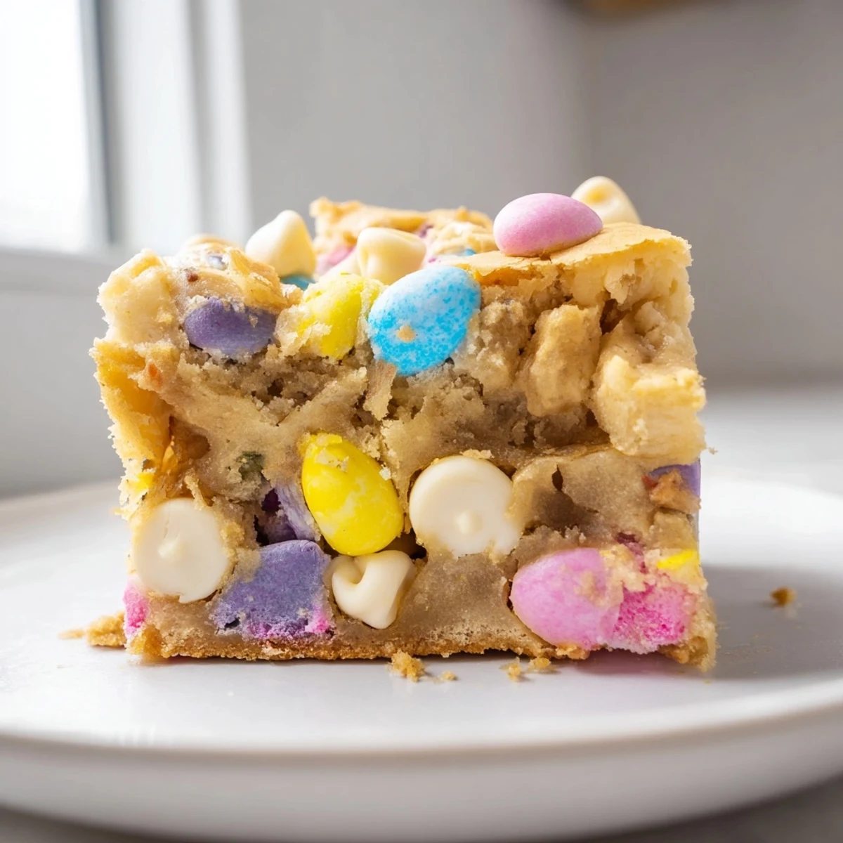Chewy Mini Cadbury Easter Egg blondies with colorful candy pieces scattered throughout golden bars