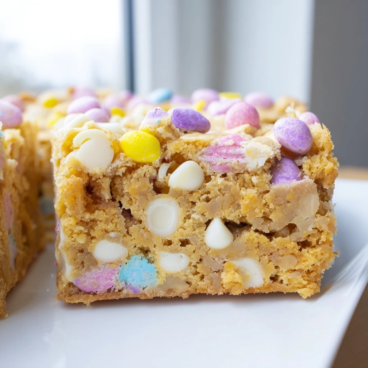 Golden Mini Cadbury Easter Egg blondies studded with white chocolate chips and pastel candies