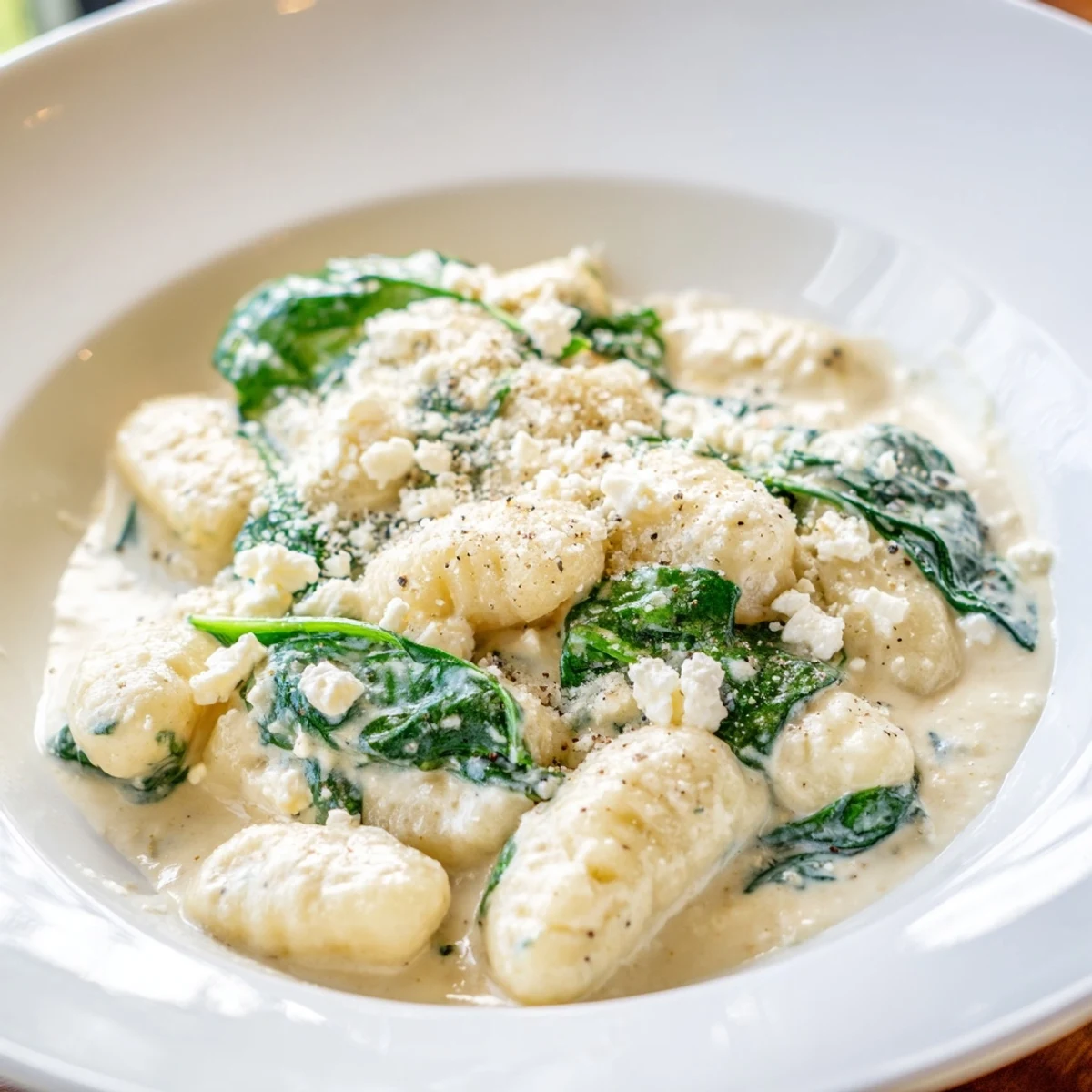 Creamy gnocchi with spinach and feta topped with crumbled cheese in white sauce