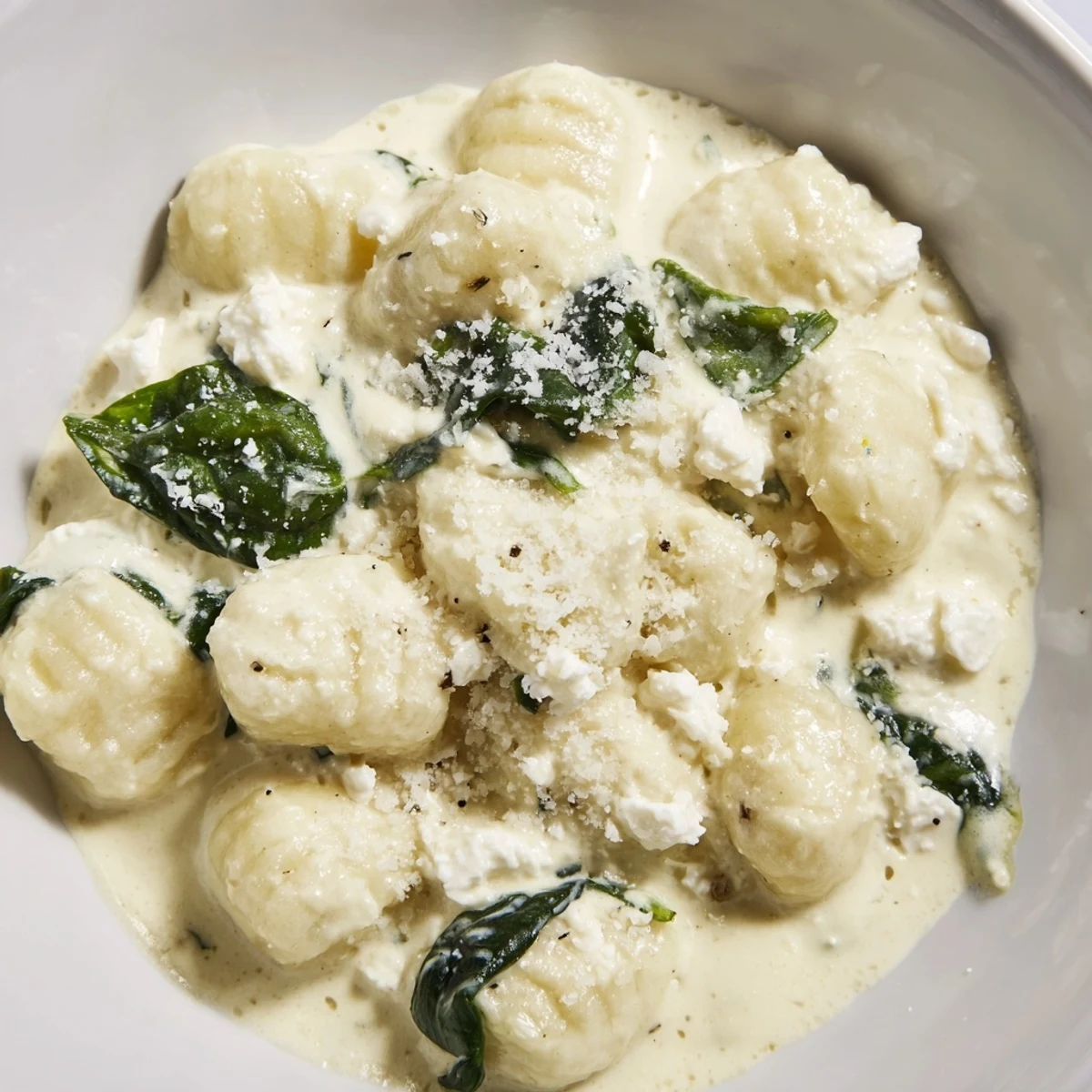 Pillowy potato gnocchi with spinach and feta glistening in rich cream sauce