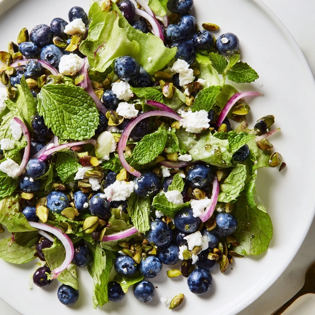 Fresh Blueberry Pistachio Spring Salad in a white bowl with sliced cucumber and mint