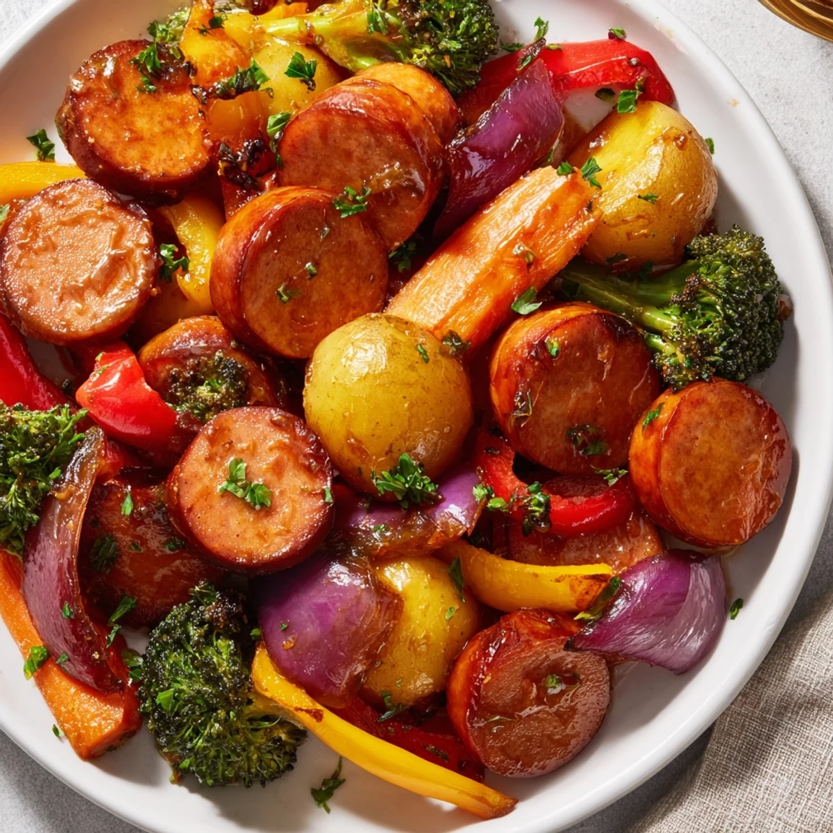 One Pan Honey Garlic Kielbasa Veggies with caramelized roasted vegetables and glossy glazed sausage on sheet pan