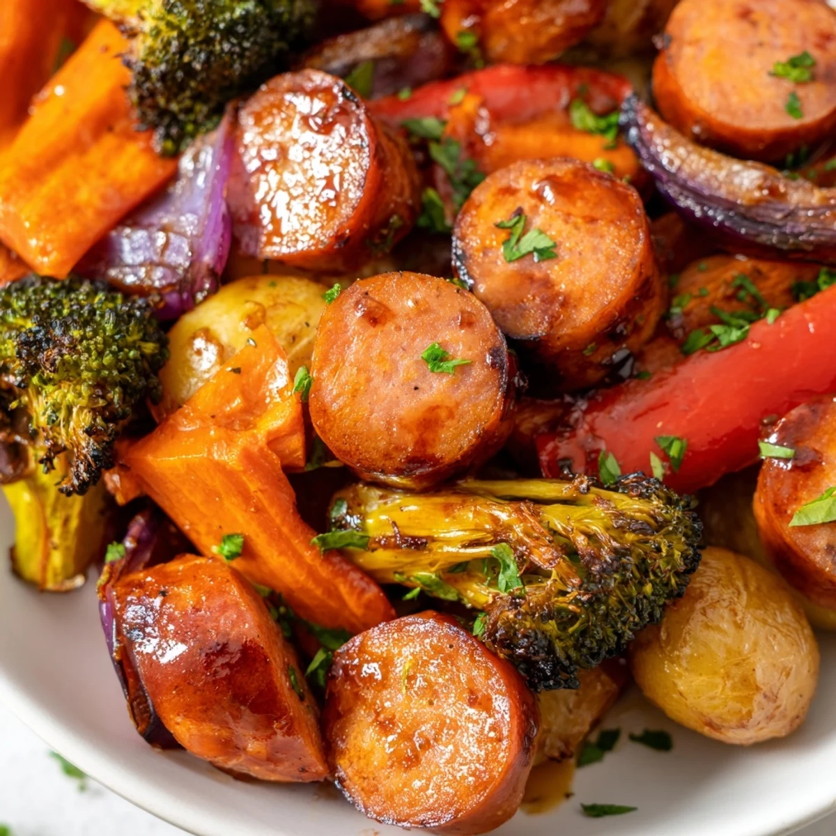 Smoky sausage and colorful vegetables glistening with sweet honey garlic glaze fresh from the oven