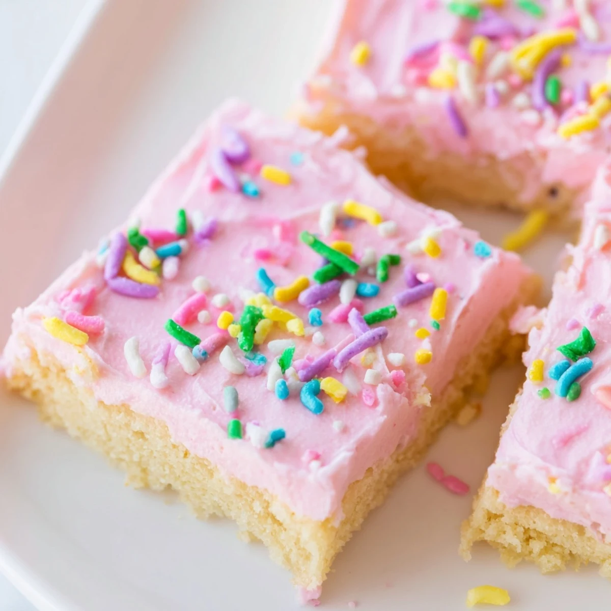 Soft Easter sugar cookie bars topped with swirled pastel frosting and colorful sprinkles