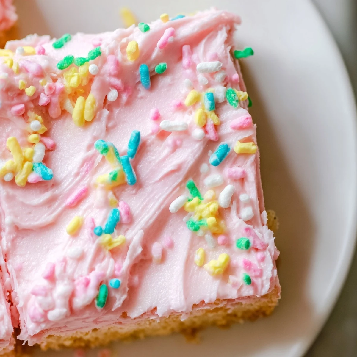 Thick Easter sugar cookie bars sliced into squares with creamy pink and yellow frosting