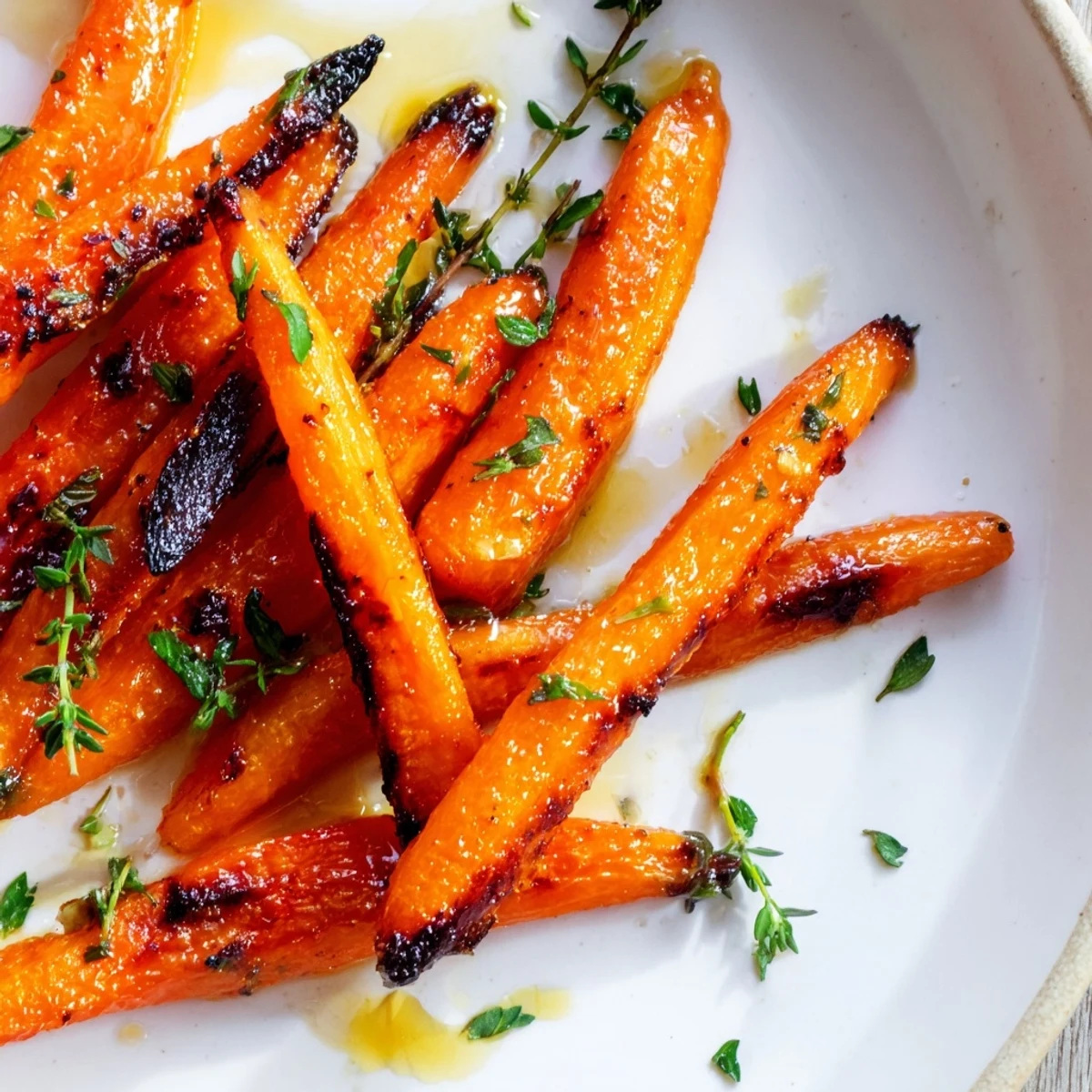 Glossy honey roasted carrots with caramelized edges on a white serving platter