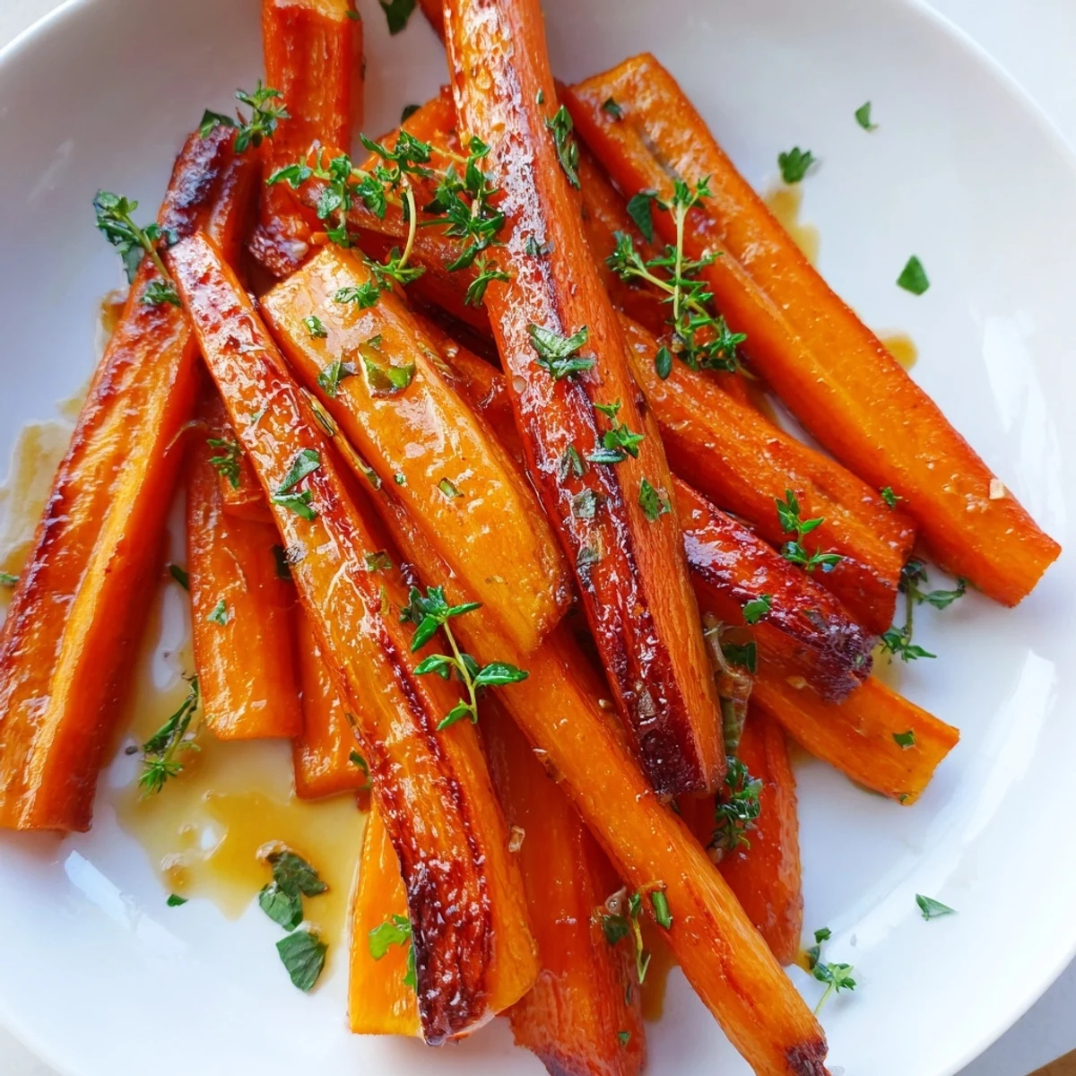 Golden honey roasted carrots garnished with fresh thyme in a ceramic dish