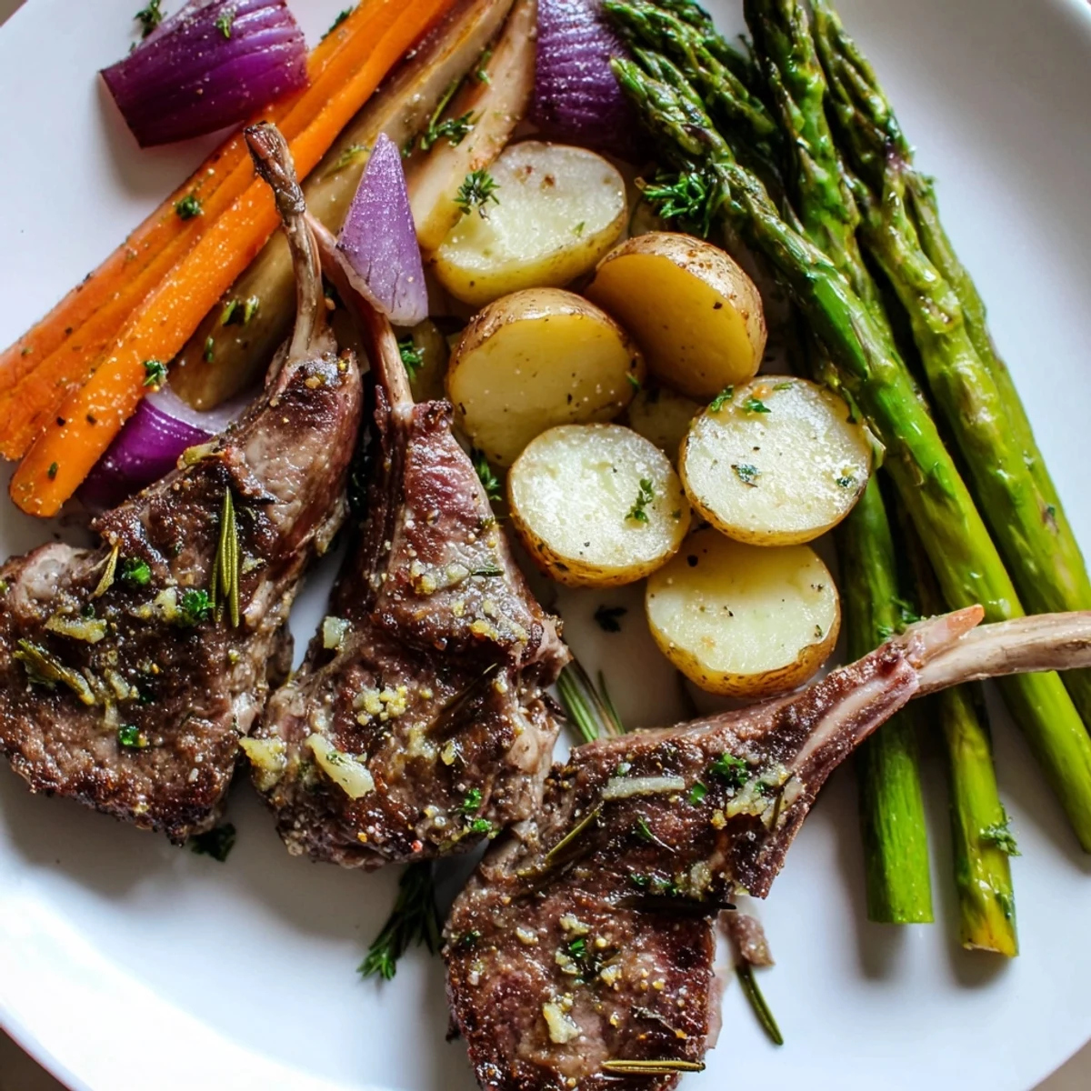 Herb-crusted lamb chops and roasted vegetables on Easter dinner sheet pan with lemon