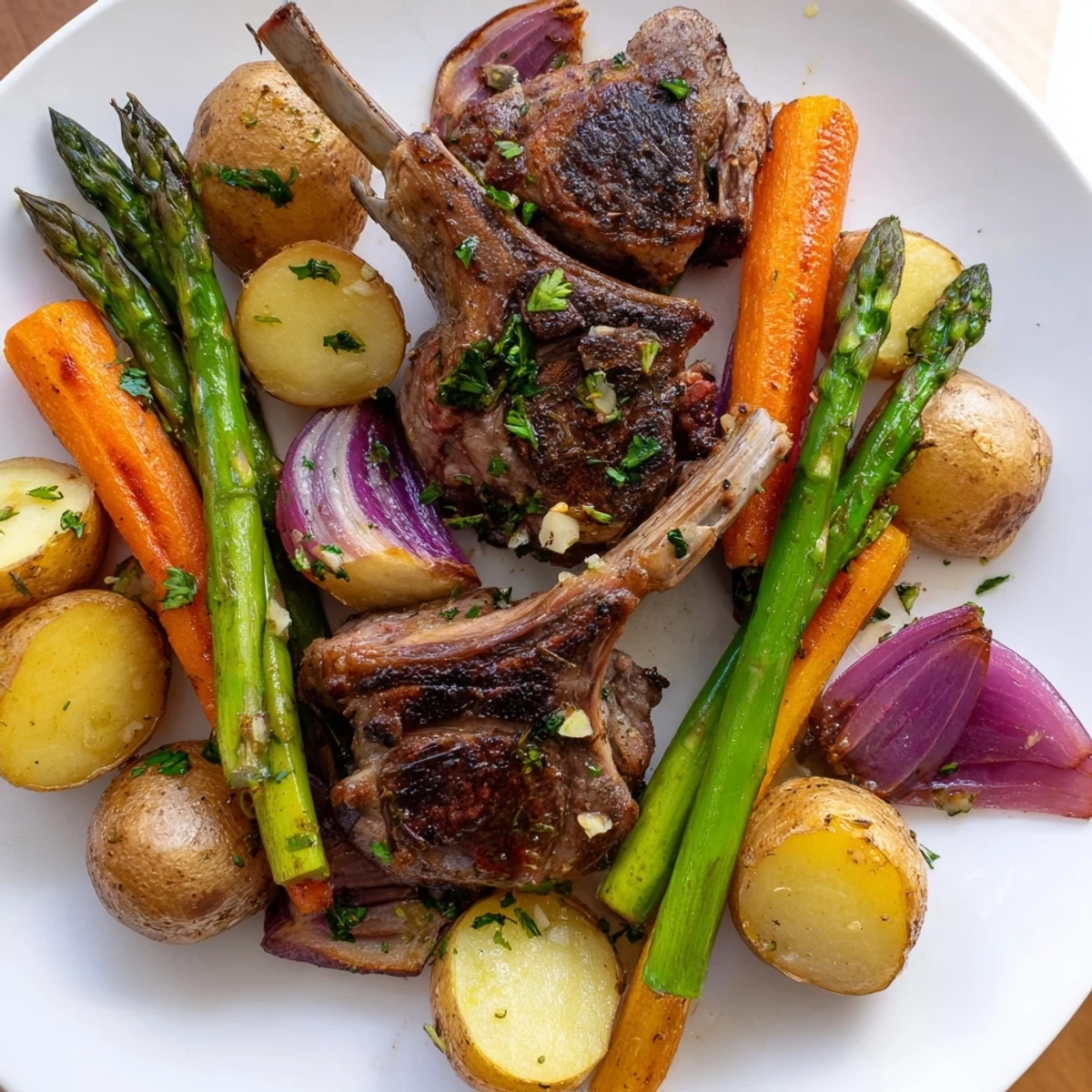 Golden baby potatoes and carrots surrounding juicy lamb chops on Easter dinner sheet pan