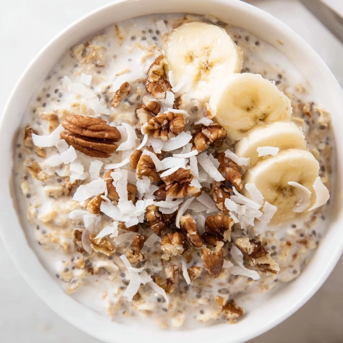 Creamy coconut cream pie overnight oats topped with toasted coconut flakes in a mason jar