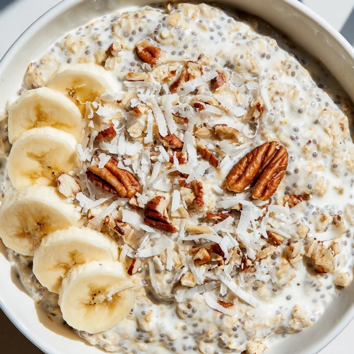 Coconut cream pie overnight oats served chilled with crunchy pecans and fresh banana slices