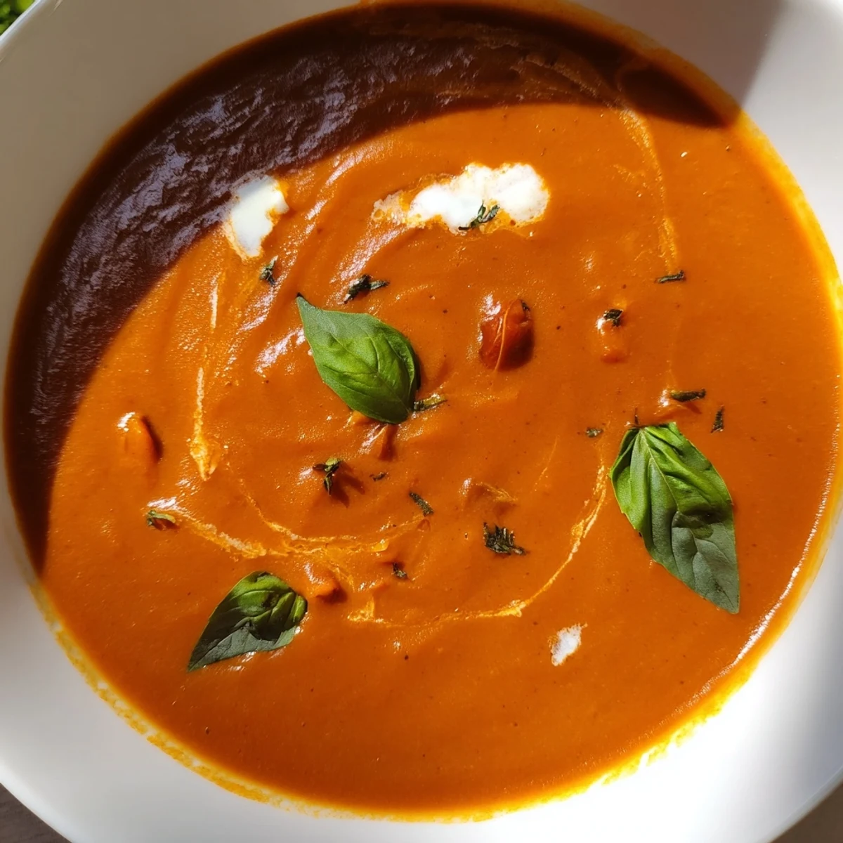 Smoky fire roasted tomato soup in a white bowl with fresh basil garnish