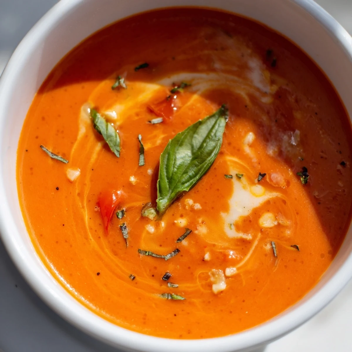 Creamy fire roasted tomato soup served alongside a golden grilled cheese sandwich