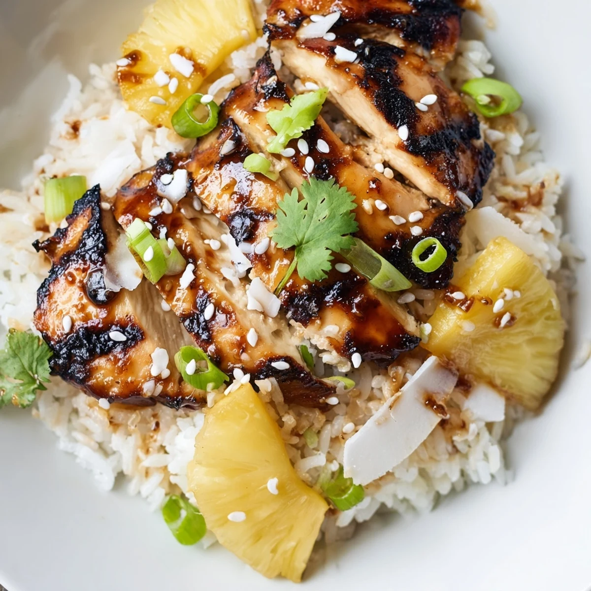 Tender glazed Hawaiian Chicken Coconut Rice topped with fresh pineapple cubes and green onions