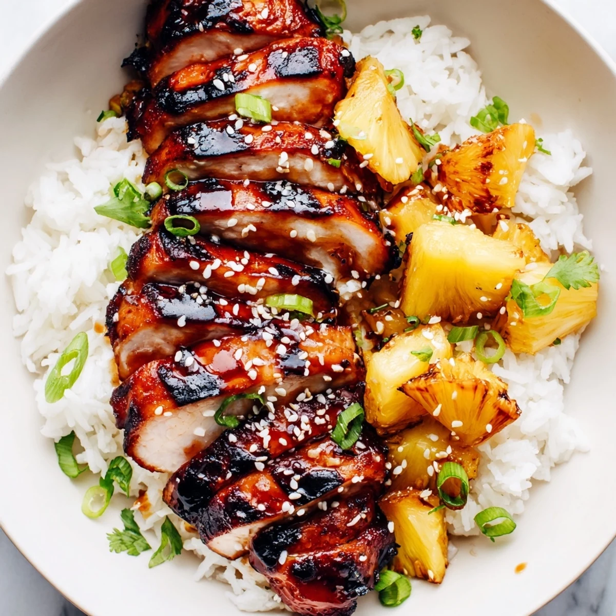 Creamy coconut rice served beneath caramelized Hawaiian Chicken with tropical pineapple garnish
