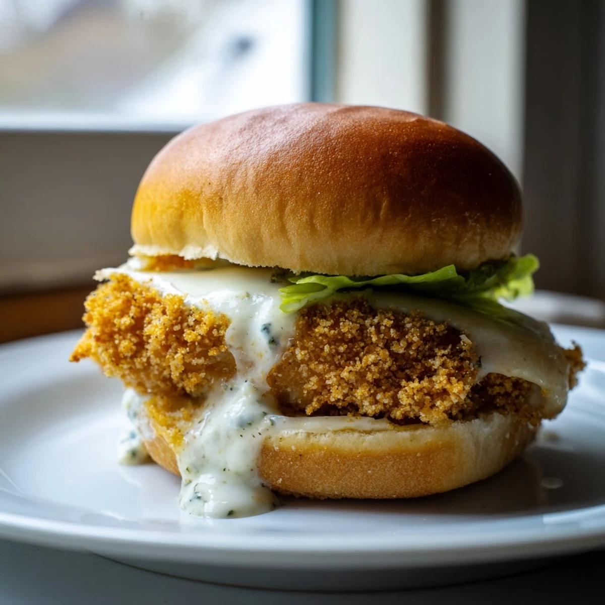Homemade Filet O Fish Sliders topped with creamy tartar sauce and fresh lettuce