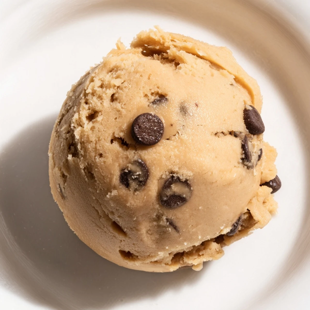 Creamy chocolate chip cookie dough scooped into balls and studded with melty semisweet chips