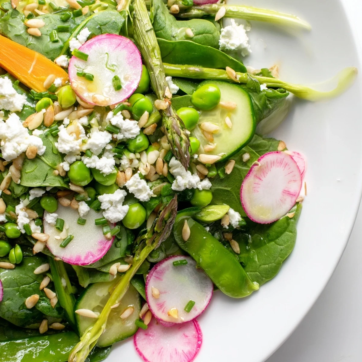Bright Spring Salad in a rustic wooden bowl with crumbled feta and toasted sunflower seeds on top