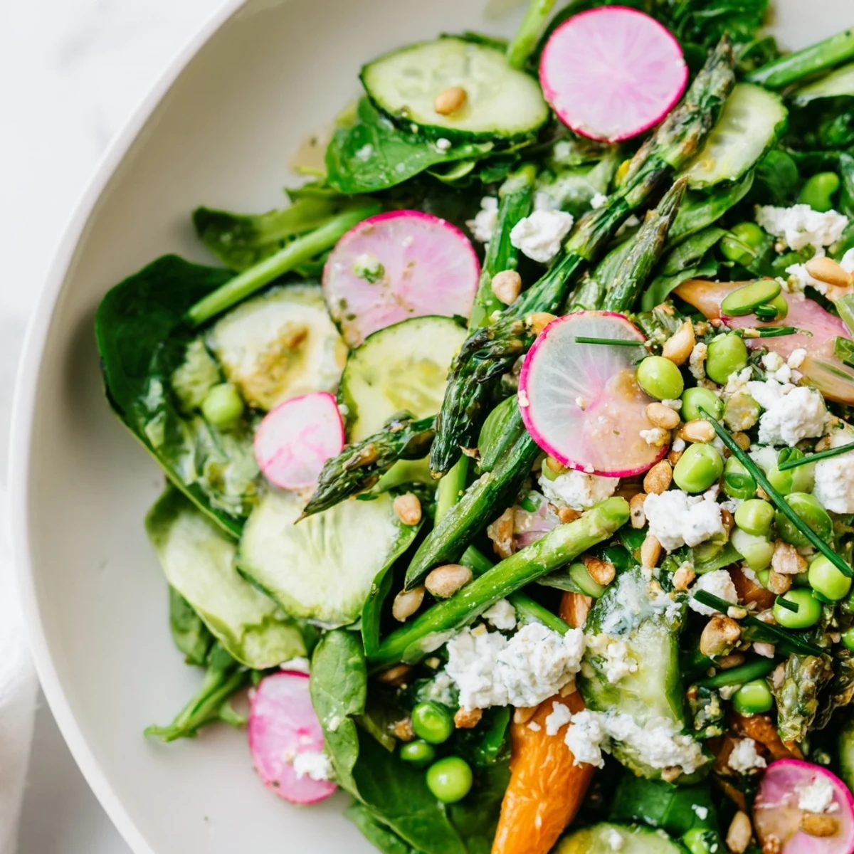 Vibrant Bright Spring Salad featuring crisp radishes, tender asparagus, and fresh greens tossed in citrus dressing