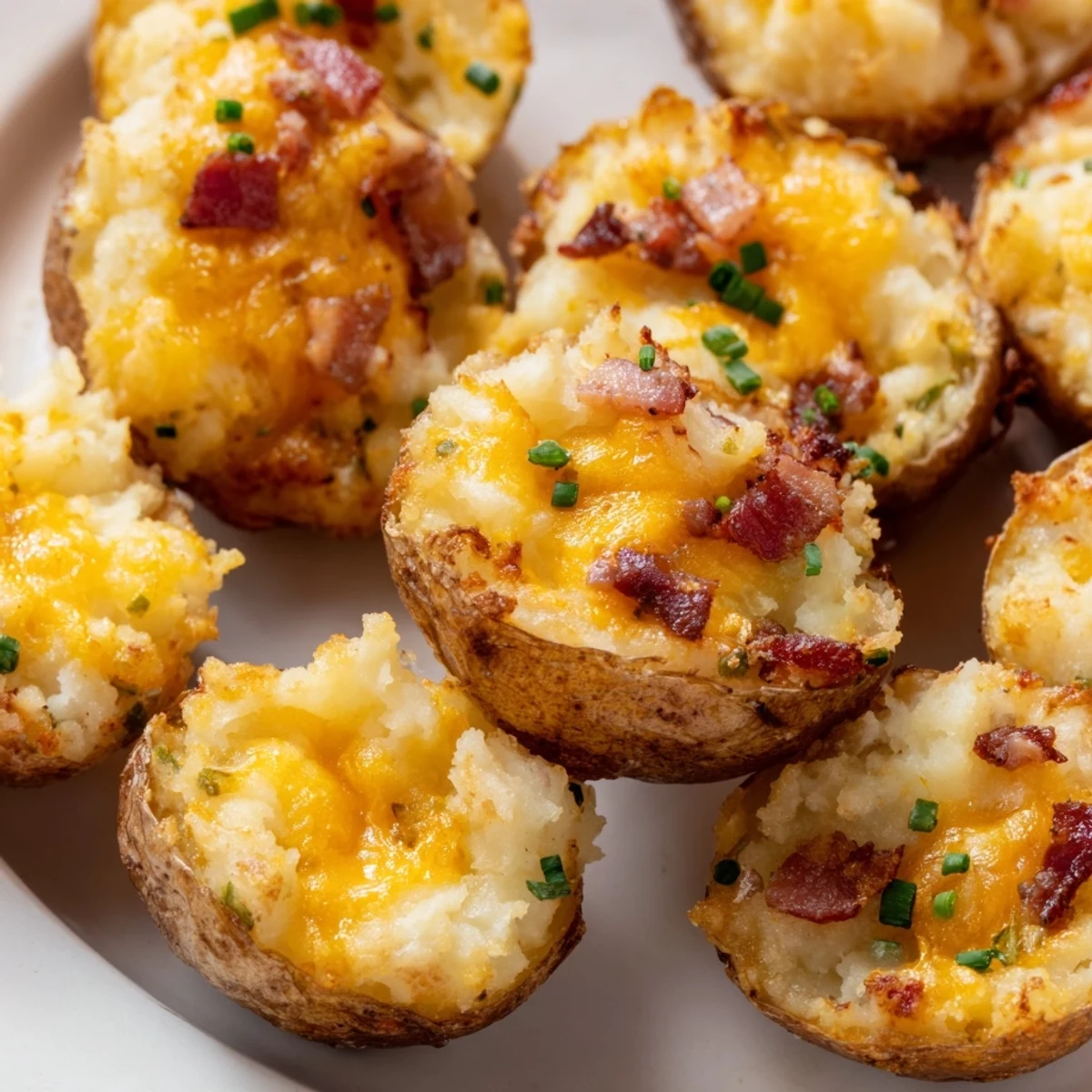 Golden Irish Potato Bites topped with melted cheddar and fresh chives on a rustic serving platter.