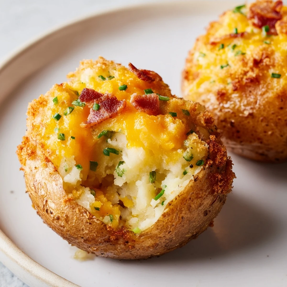 Crispy Irish Potato Bites filled with creamy bacon cheddar mixture arranged on a white ceramic plate.
