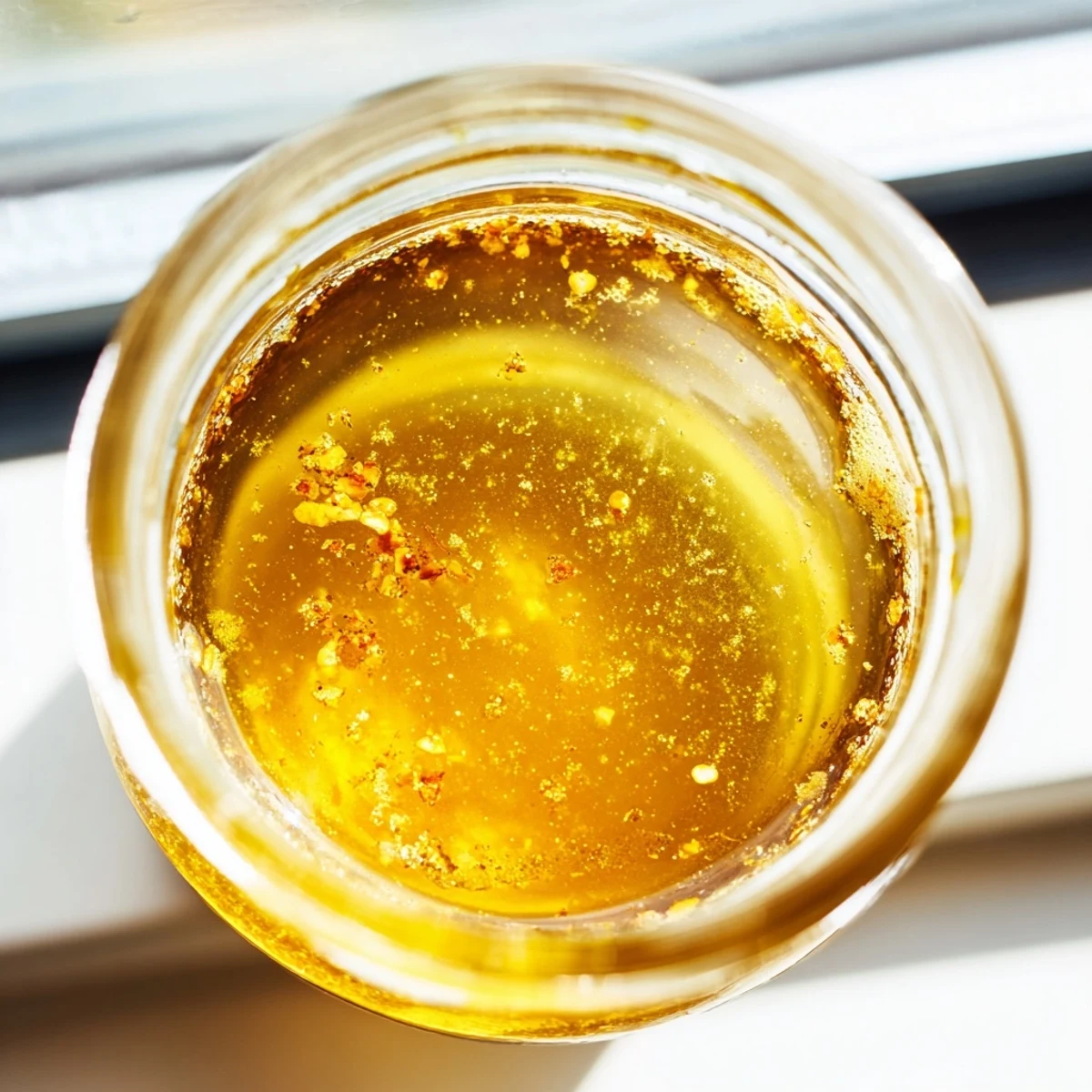 Golden citrus vinaigrette emulsified in a glass jar with fresh orange and lemon slices nearby