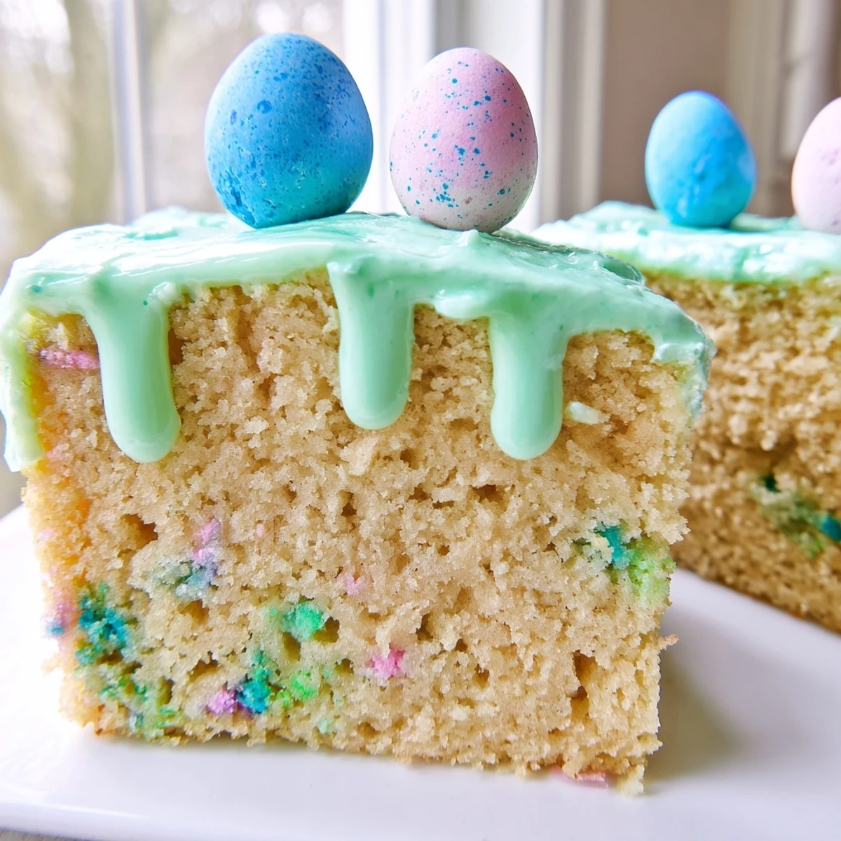 Robin Egg Snack Cake with pastel glaze drizzled over tender vanilla crumbs topped with candy eggs