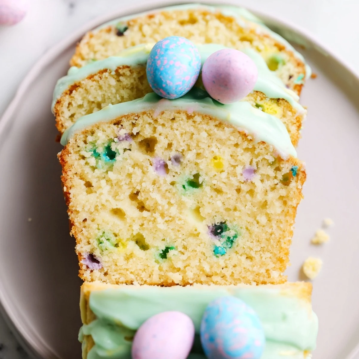 Tender vanilla Robin Egg Snack Cake slice revealing crushed candy-coated chocolates beneath swirled frosting