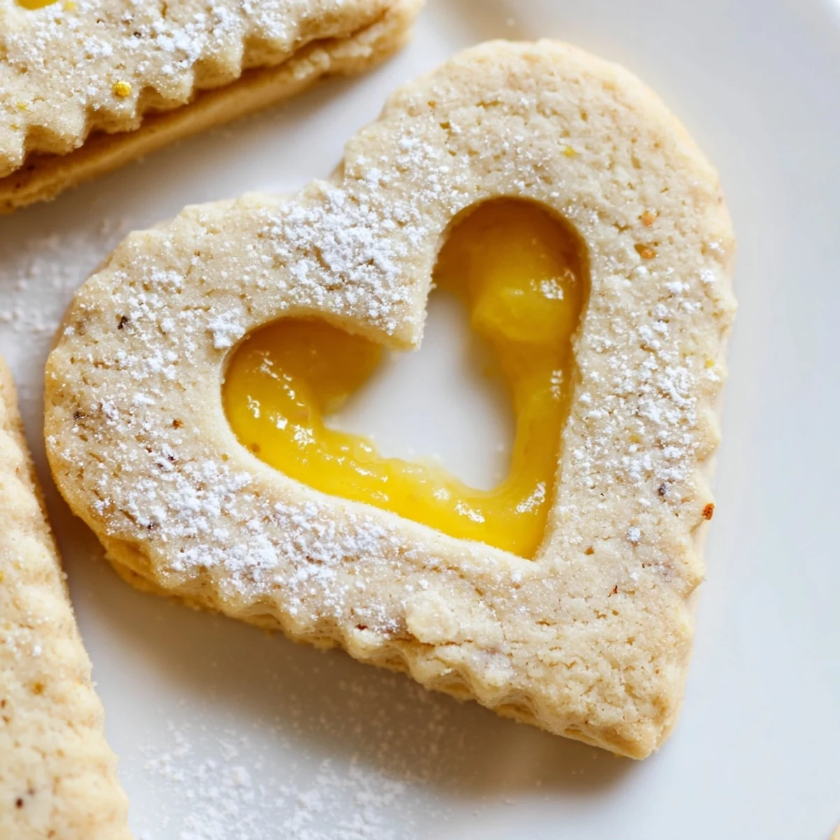 Meyer Lemon Curd Linzer Cookies with powdered sugar dusting and golden almond shortbread edges