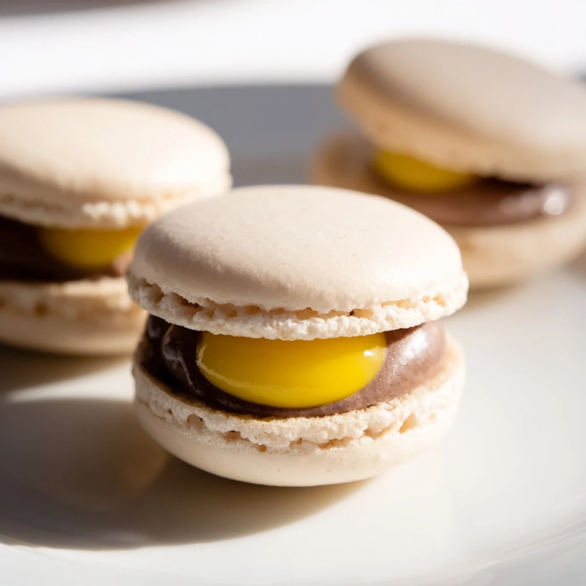 Golden Cadbury Egg macarons arranged on a pastel plate for festive Easter dessert display