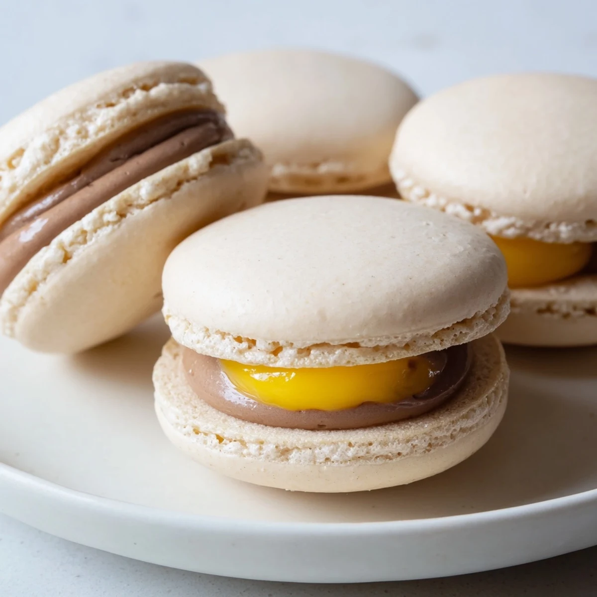 Smooth chocolate Cadbury Egg macarons with creamy yellow center peeking out from sandwich cookies