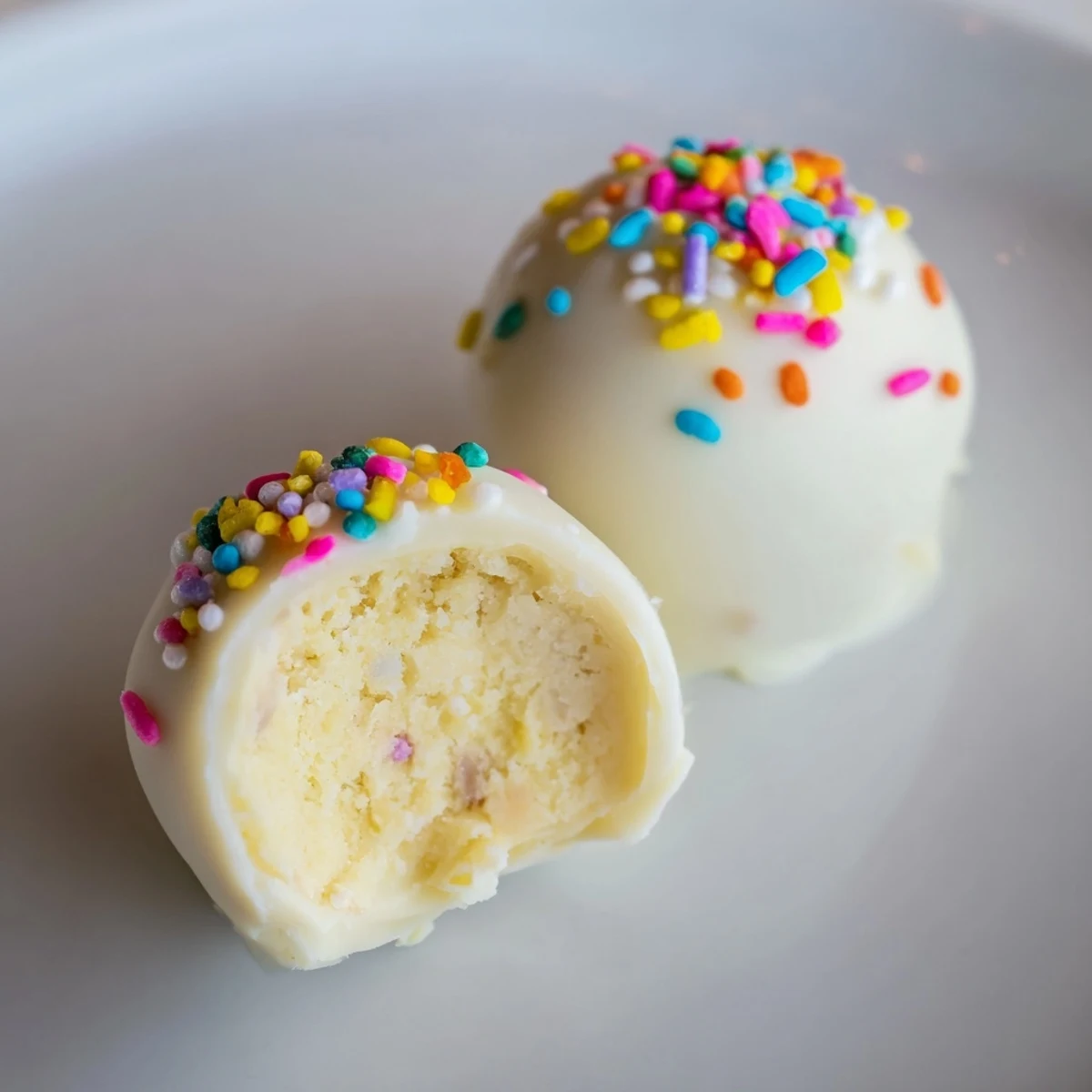 Creamy banana pudding truffles coated in white chocolate with colorful Easter sprinkles on display