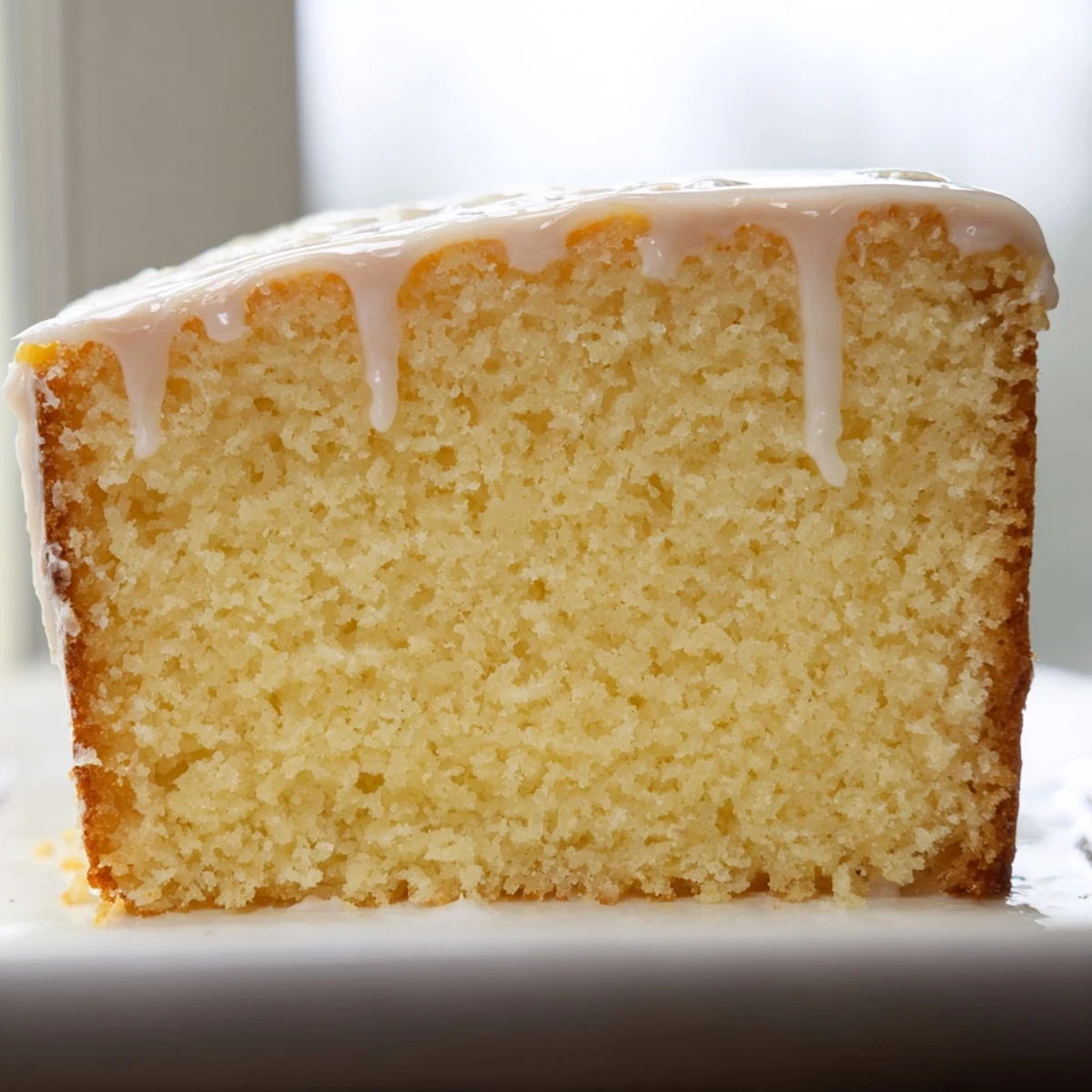 Golden church cake with vanilla glaze drizzled over a moist tender sponge slice