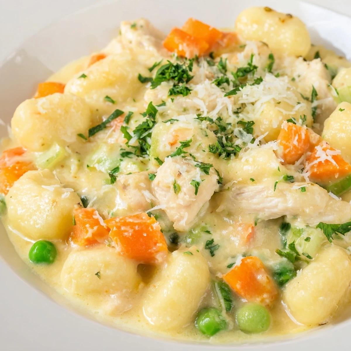 Creamy one pot gnocchi chicken pot pie topped with fresh parsley and parmesan